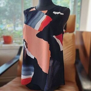 DKNY sheer sleeveless multicolour abstract pattern sleeveless blouse size M